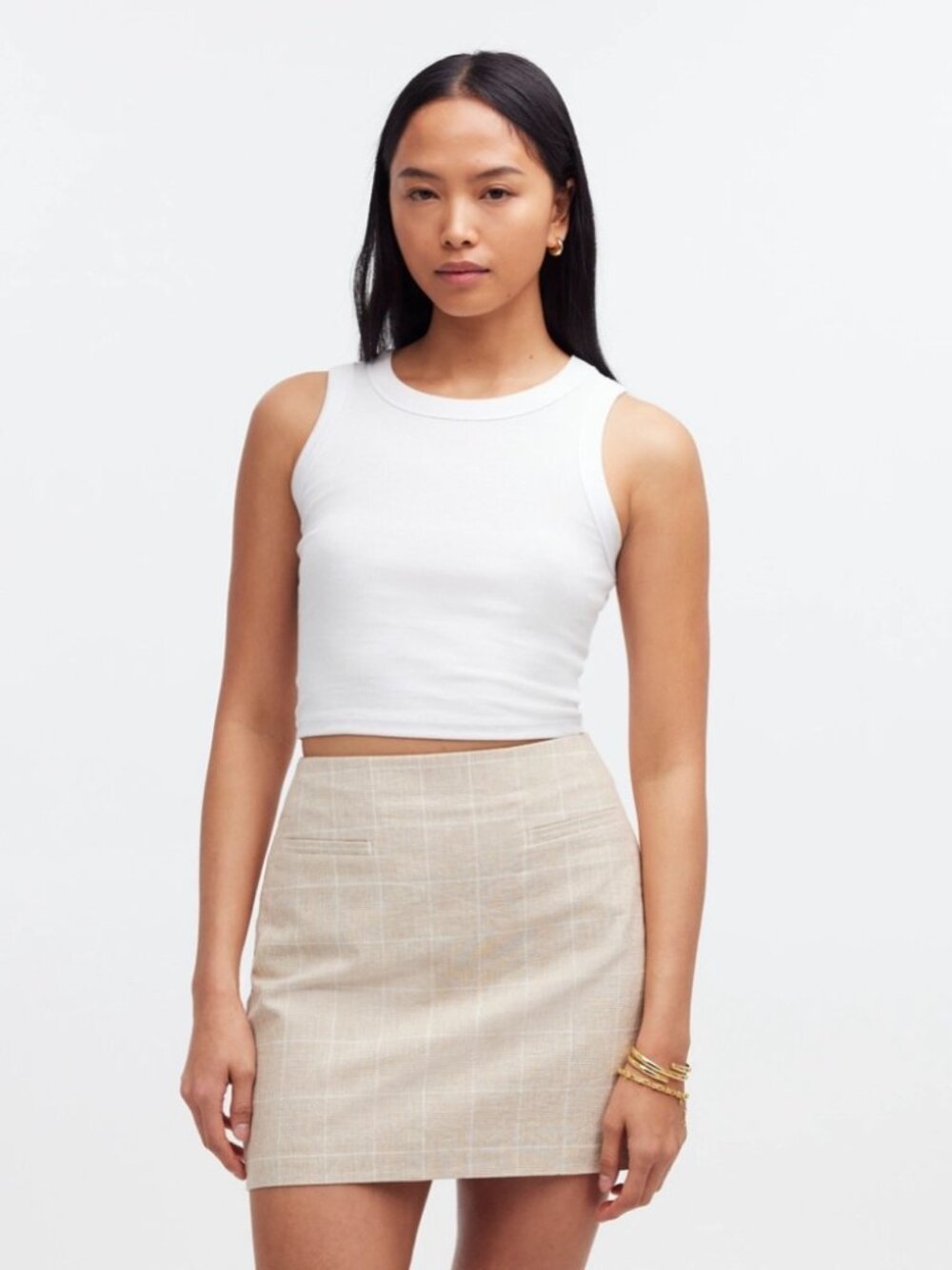 Madewell Beige Plaid Linen-Blend Mini Skirt